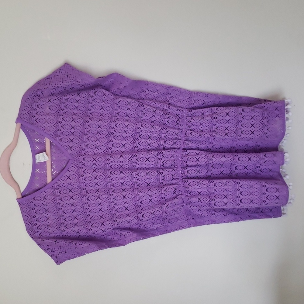 Purple crochet kaftan swimsuit coverup, pompom detail at hem, elastic waist. Med